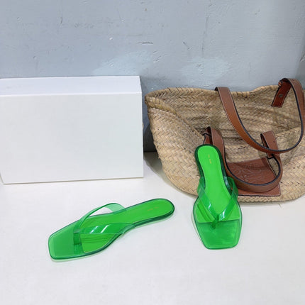 THE ROW 26S SQUARE TOE THONG SANDALS IN TRANSLUCENT GREEN PVC WITH SILVER FOOTBED
