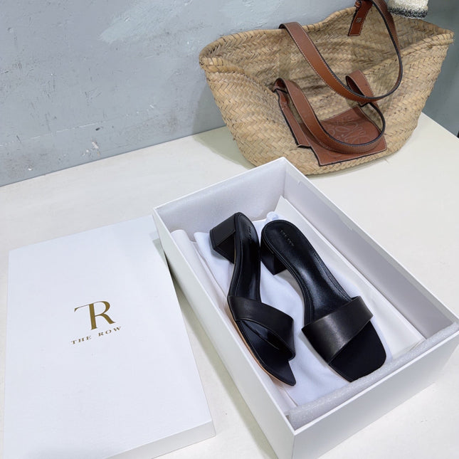 THE ROW 26S SQUARE TOE SLIDE SANDALS 45MM IN BLACK CALFSKIN
