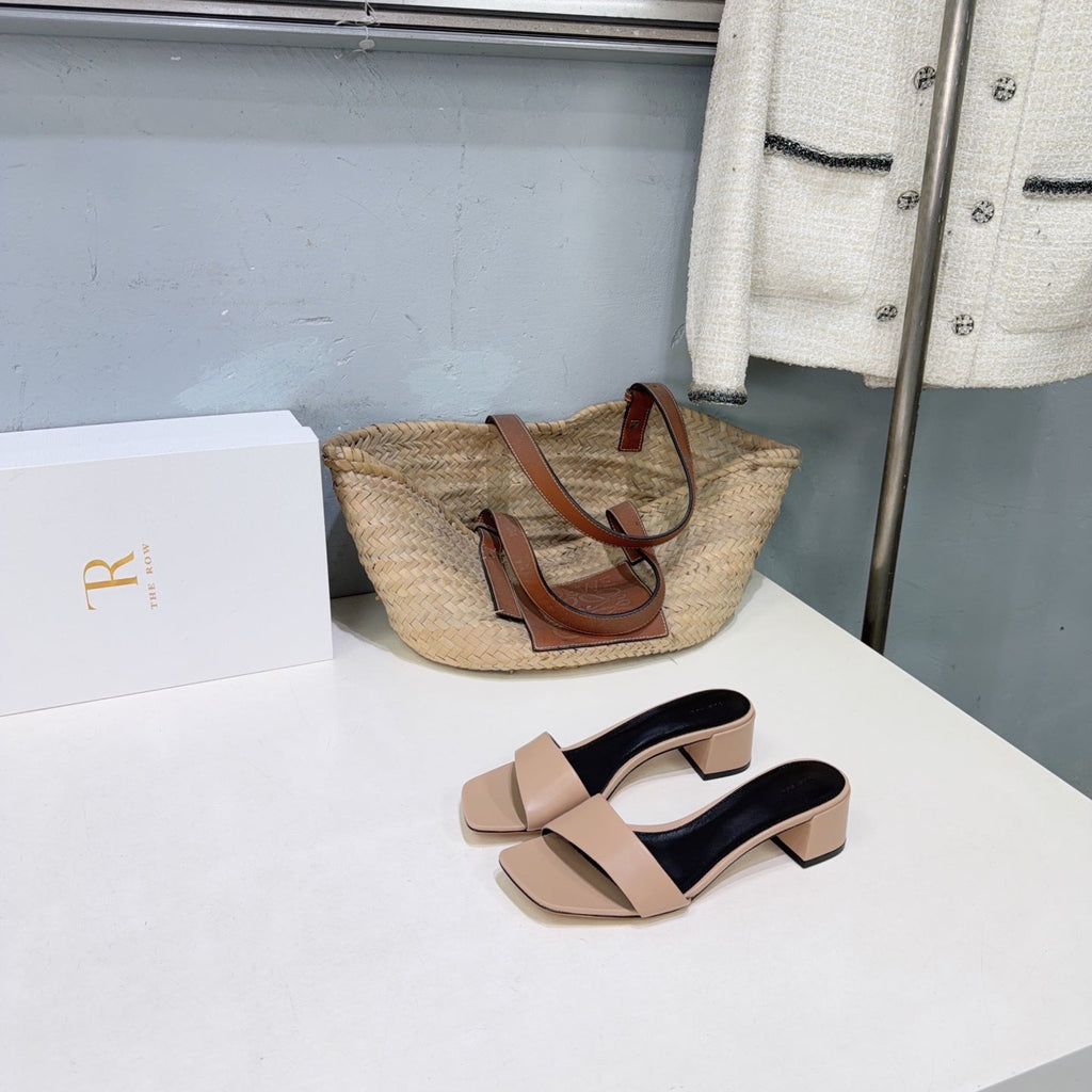 THE ROW 26S SQUARE TOE SLIDE SANDALS 45MM IN NUDE BEIGE CALFSKIN