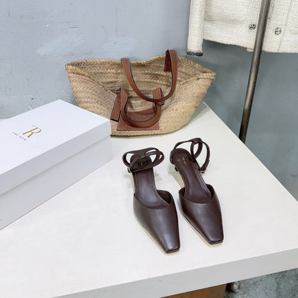 THE ROW 26S SQUARE TOE SLINGBACK HEELS 45MM IN DARK BROWN CALFSKIN
