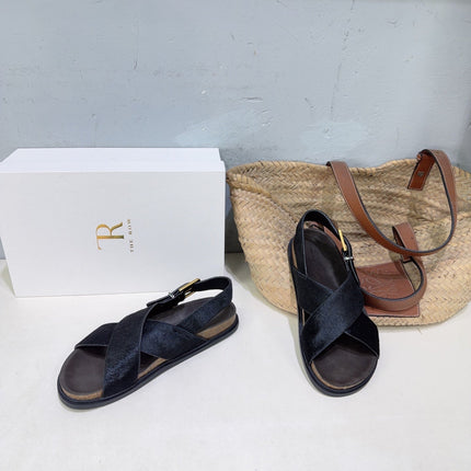 THE ROW 26S CROSS STRAP SANDALS IN BLACK CALFSKIN CALF HAIR
