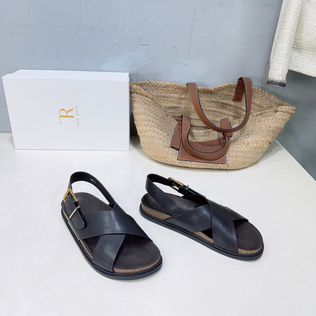 THE ROW 26S CROSS STRAP SANDALS IN BLACK CALFSKIN