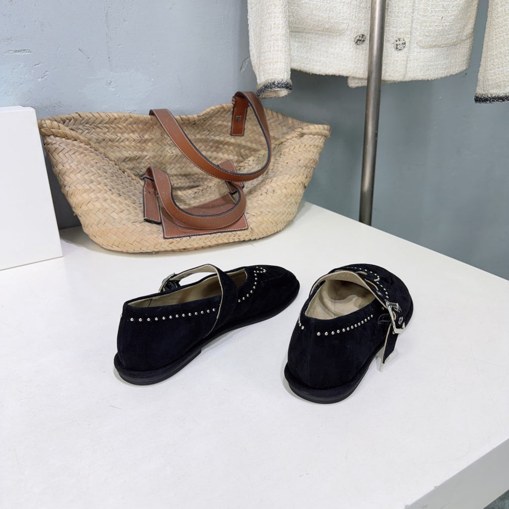 THE ROW 26S MARY JANE FLATS IN BLACK SUEDE SILVER HARDWARE