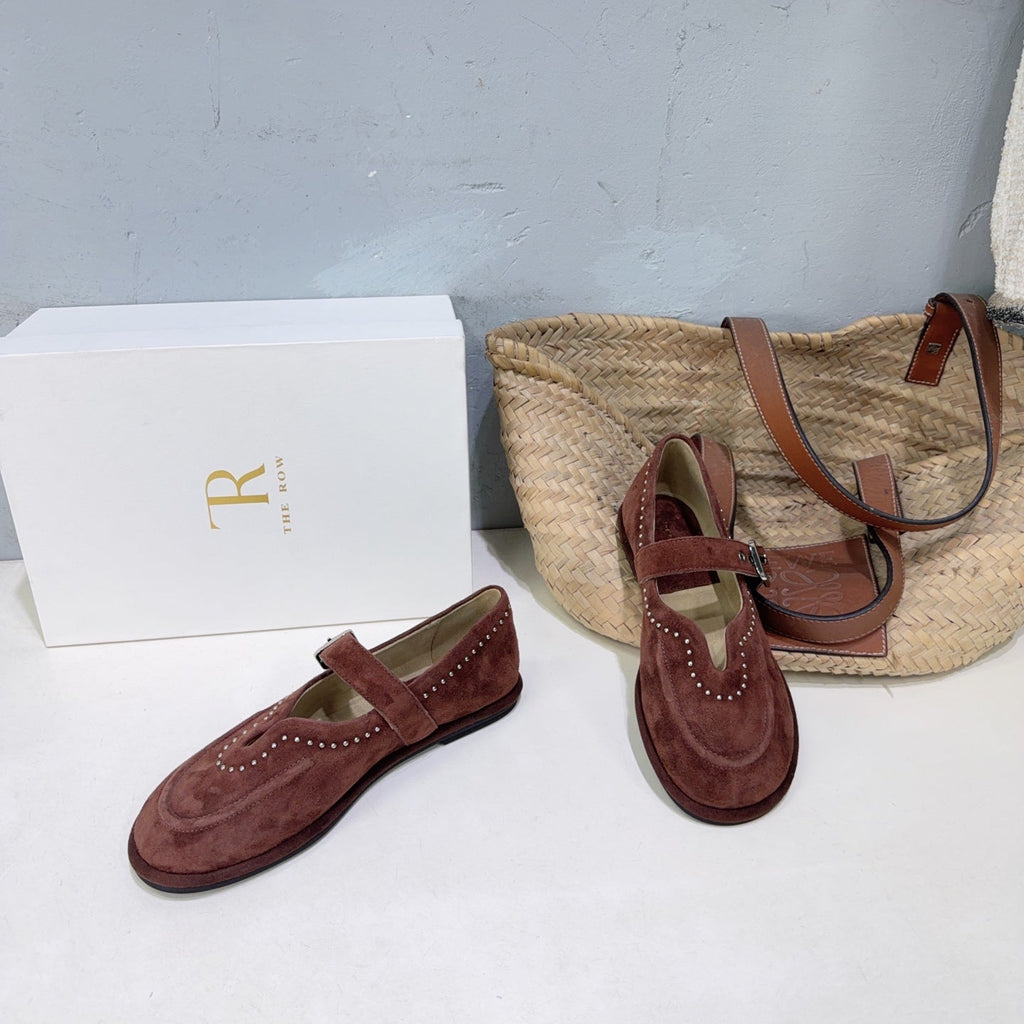 THE ROW 26S MARY JANE FLATS IN DARK BROWN SUEDE SILVER HARDWARE