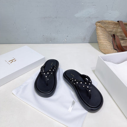 THE ROW 26S PLATFORM THONG SANDALS IN BLACK CALFSKIN & POLKA DOT CALF HAIR STRAPS