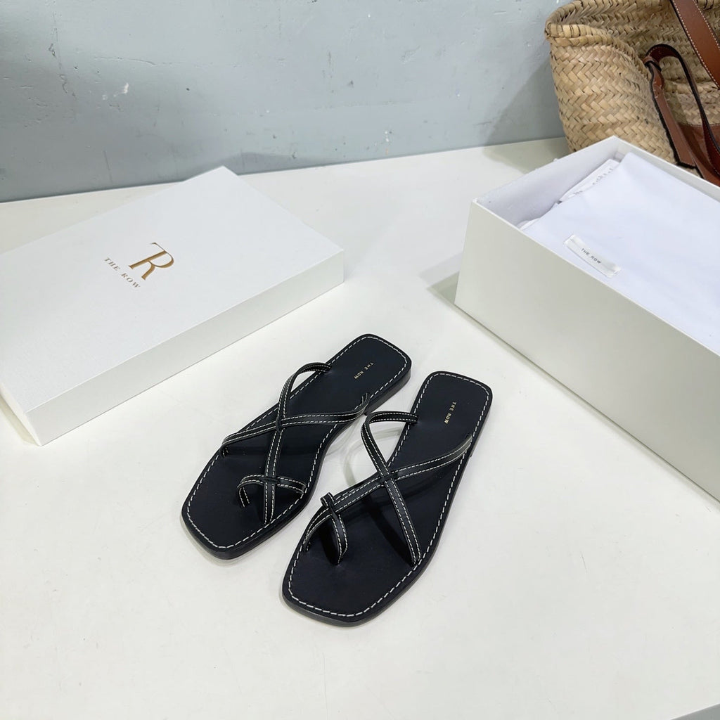 THE ROW 26S FLAT SANDALS IN BLACK CALFSKIN