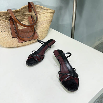 THE ROW 26S STRAPPY KITTEN HEEL SANDALS 30MM IN BLACK CALFSKIN
