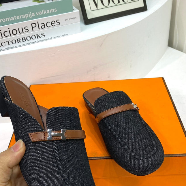 IENA MULE  BLACK CANVAS AND BROWN CALFSKIN