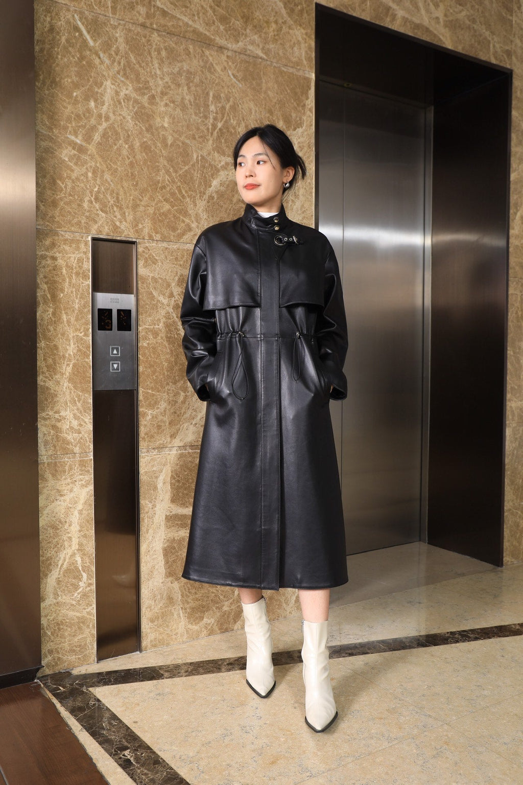 HERMES 25S LONG LEATHER JACKET WITH DRAWSTRING WAIST 170