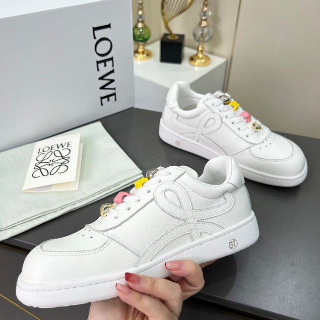 LOEWE 26S LOW TOP SNEAKERS IN WHITE CALFSKIN WITH CHARM LACES