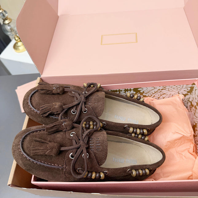 MIUMIU 26S TASSEL LOAFERS IN DARK BROWN SUEDE BEADED TRIM
