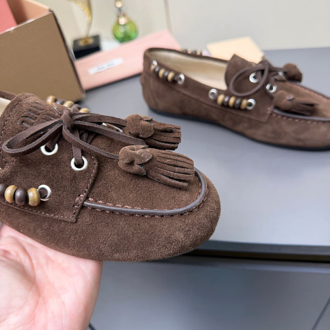 MIUMIU 26S TASSEL LOAFERS IN DARK BROWN SUEDE BEADED TRIM