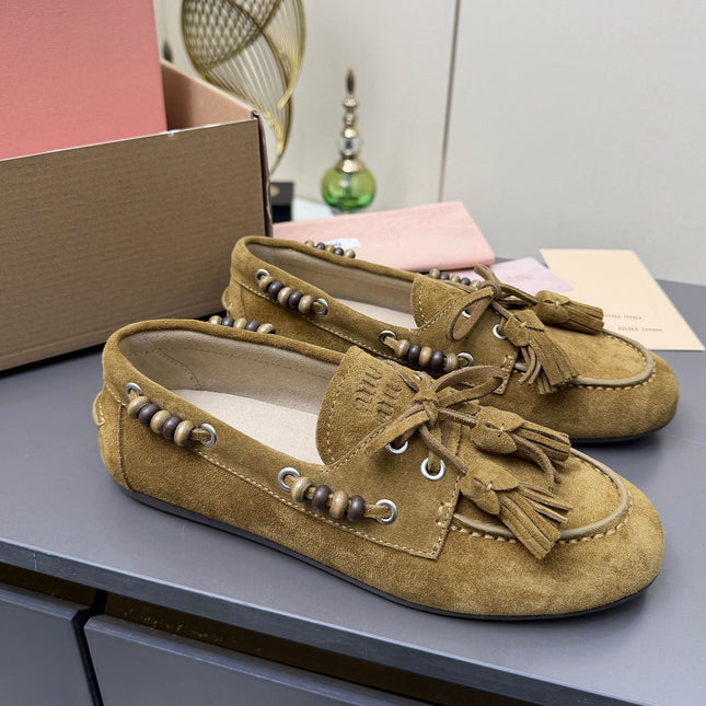 MIUMIU 26S TASSEL LOAFERS IN OLIVE BROWN SUEDE BEADED TRIM