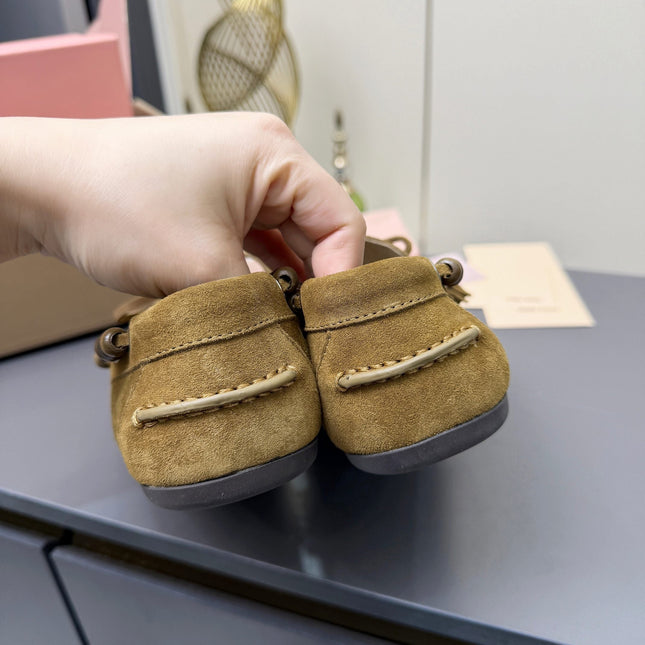 MIUMIU 26S TASSEL LOAFERS IN OLIVE BROWN SUEDE BEADED TRIM