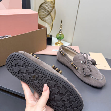 MIUMIU 26S TASSEL LOAFERS IN TAUPE BROWN SUEDE BEADED TRIM
