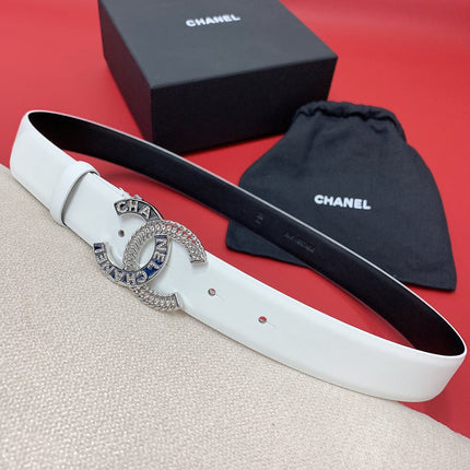 CC MEDIUM 30 MM BELT WHITE CALFSKIN SILVER HARDWARE WITH LETTER