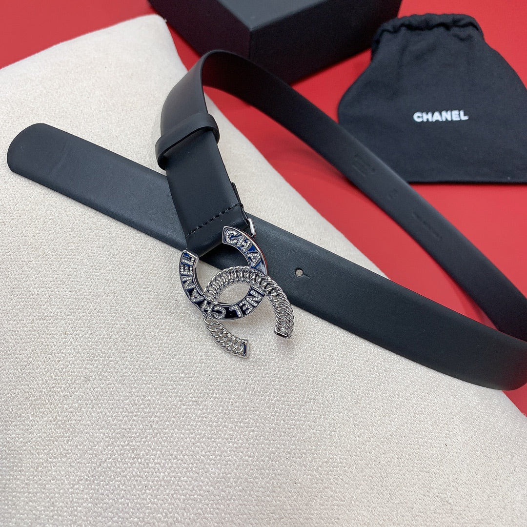 CC MEDIUM 30 MM BELT BLACK CALFSKIN SILVER HARDWARE WITH LETTER