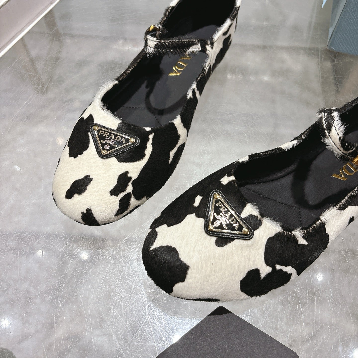 PRADA 25S MARY JANE BALLETS IN BLACK MIX CREAM WHITE HORSEHAIR FABRIC
