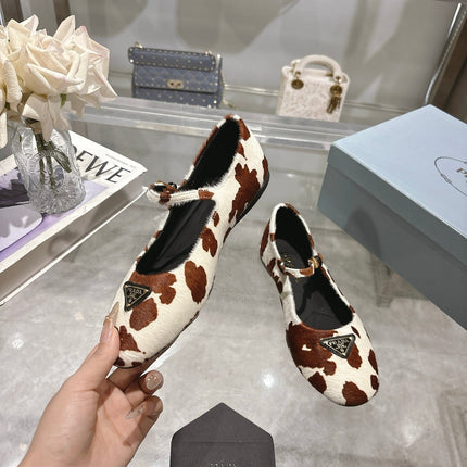 PRADA 25S MARY JANE BALLETS IN BROWN MIX CREAM WHITE HORSEHAIR FABRIC