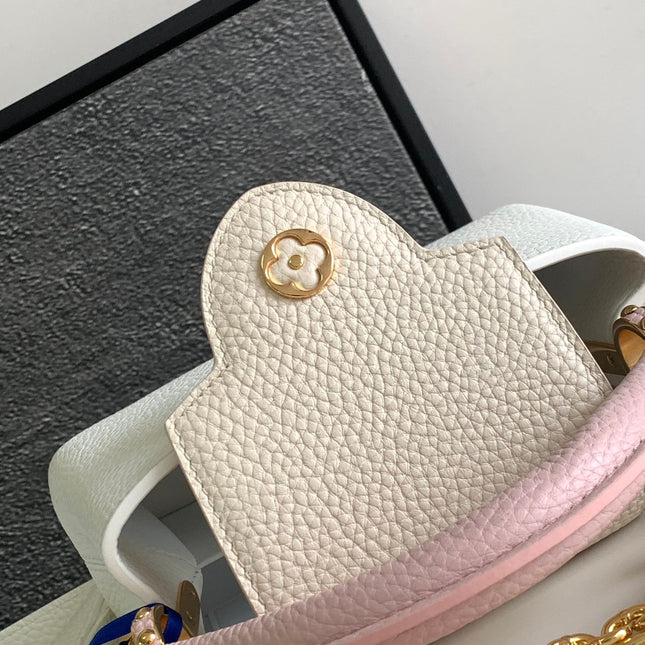 CAPUCINES MINI 21 IN WHITE MIX PINK AND BEIGE TAURILLON GOLD HARDWARE
