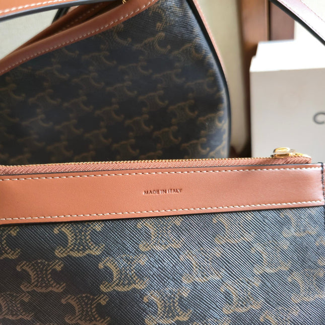 CELINE 25S SOFT SHOPPER BAG 32 IN BLACK TRIOMPHE CANVAS AND BROWN CALFSKIN