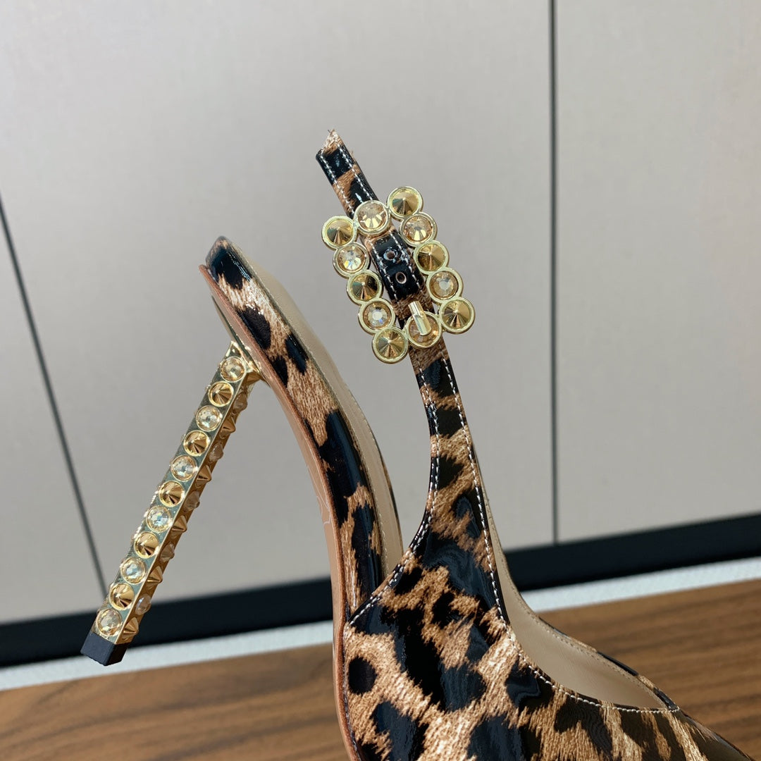 GIANVITO ROSSI 26S SLINGBACK HEELS 105 MM IN LEOPARD PRINT PATENT LAMBSKIN