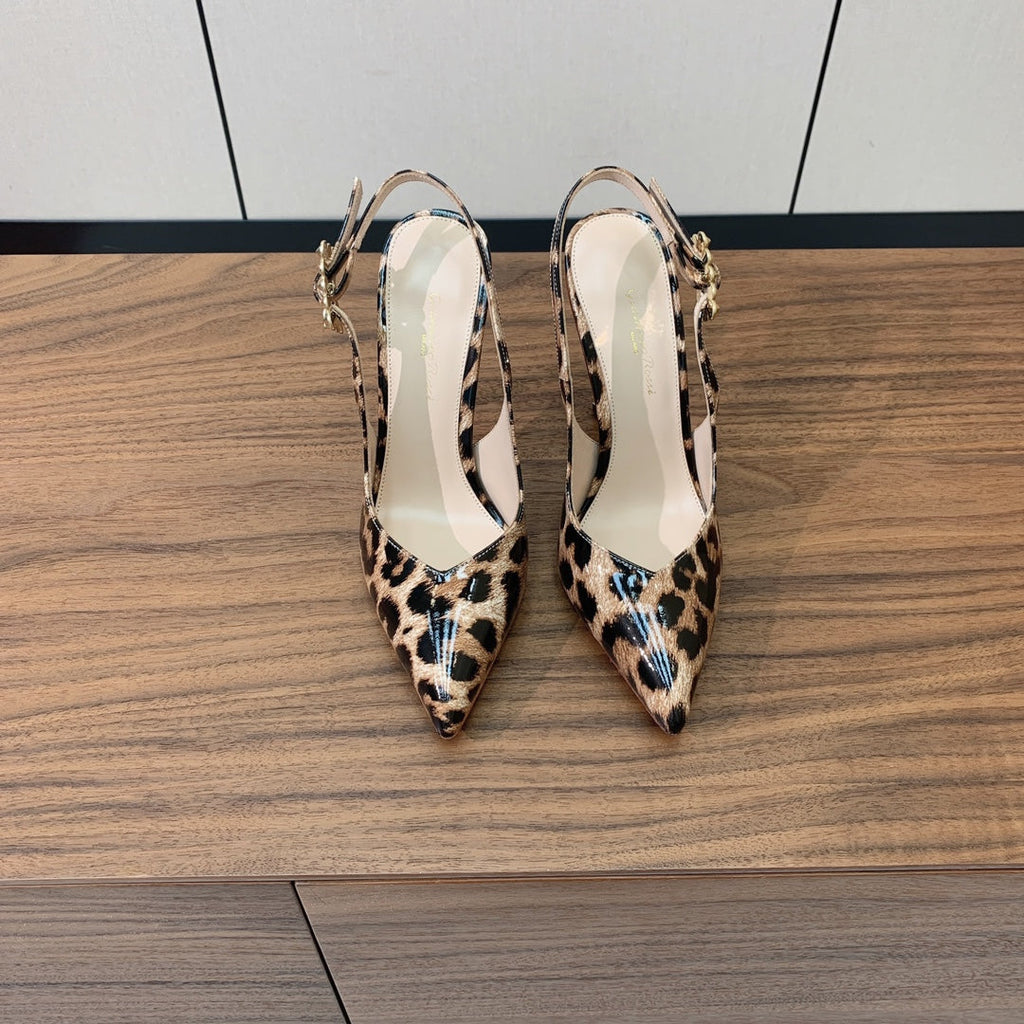 GIANVITO ROSSI 26S SLINGBACK HEELS 105 MM IN LEOPARD PRINT PATENT LAMBSKIN