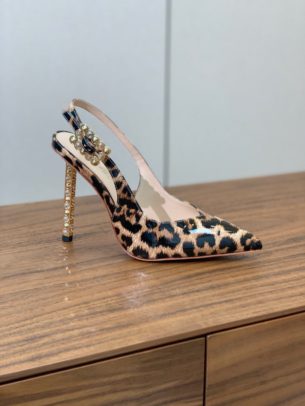 GIANVITO ROSSI 26S SLINGBACK HEELS 105 MM IN LEOPARD PRINT PATENT LAMBSKIN
