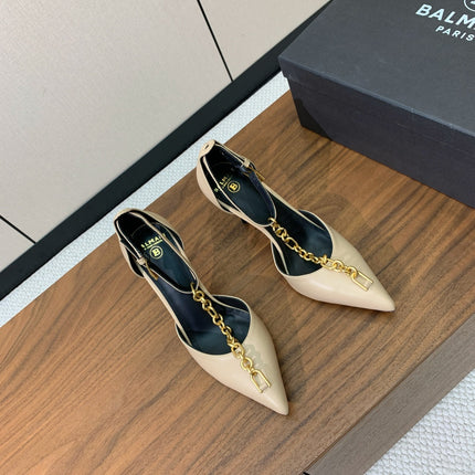 BALMAIN 26S CHAIN HIGH HEELS 95 MM IN BEIGE CALFSKIN