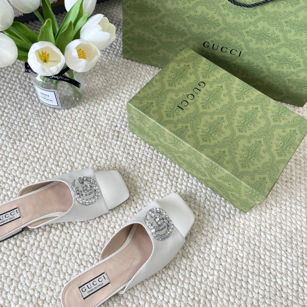 GG CRYSTAL SLIDES SANDAL WHITE CALFSKIN