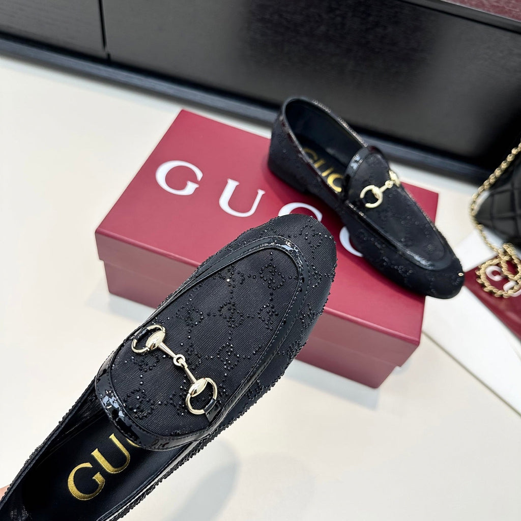 GUCCI HORSEBIT LOAFERS IN BLACK CRYSTAL MESH GOLD HARDWARE