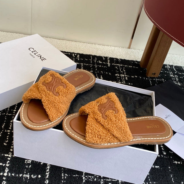 CELINE 26S TRIOMPHE FLAT SLIDES IN BROWN WOOL