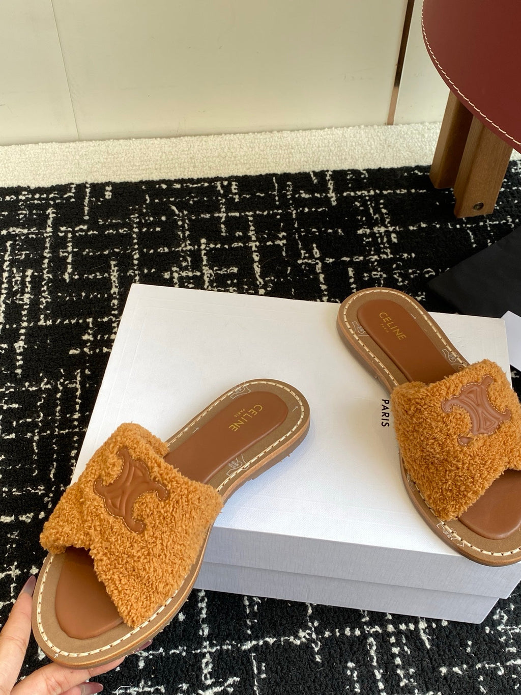 CELINE 26S TRIOMPHE FLAT SLIDES IN BROWN WOOL
