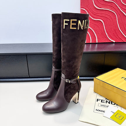 FENDI 25S HIGH-CUT METALLIC HEEL BOOTS 100 MM IN DARK BROWN SUEDE AND CALFSKIN STYLE 1