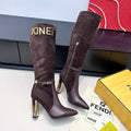 FENDI 25S HIGH-CUT METALLIC HEEL BOOTS 100 MM IN DARK BROWN SUEDE AND CALFSKIN