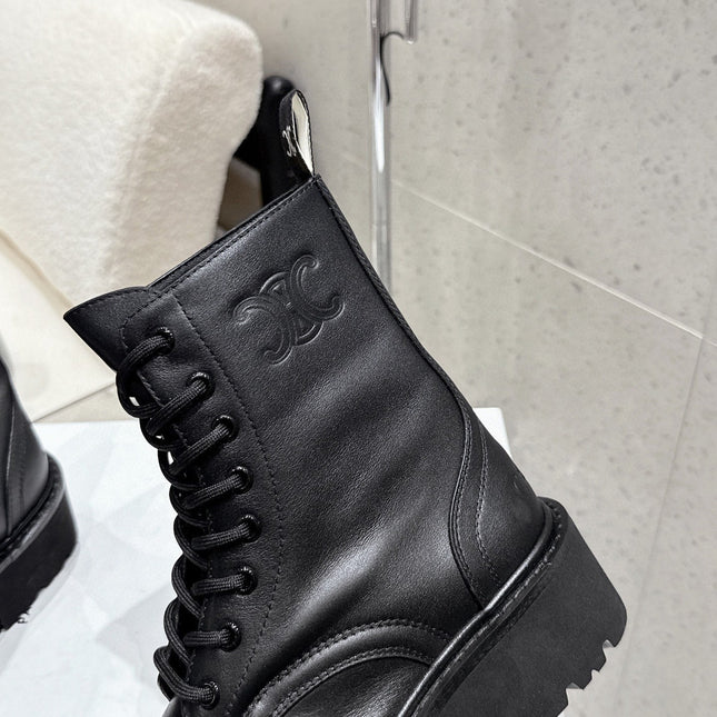CELINE 26S CHUNKY-SOLE COMBAT BOOTS IN BLACK CALFSKIN