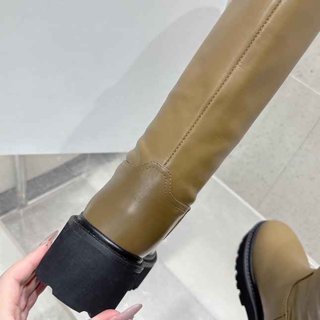 CELINE 26S KNEE-HIGH BOOTS IN OLIVE BROWN AND BLACK CALFSKIN