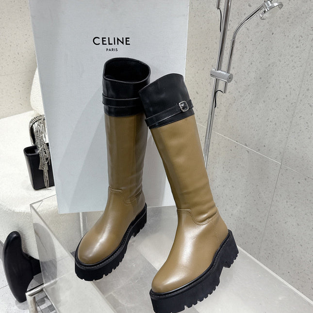 CELINE 26S KNEE-HIGH BOOTS IN OLIVE BROWN AND BLACK CALFSKIN