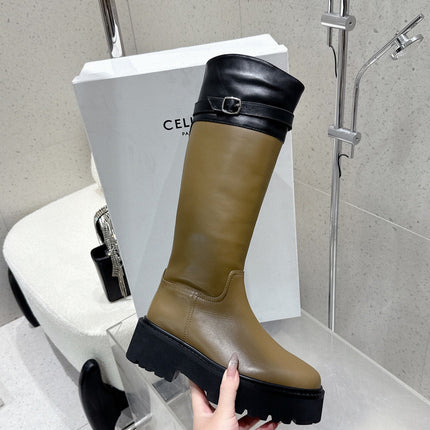 CELINE 26S KNEE-HIGH BOOTS IN OLIVE BROWN AND BLACK CALFSKIN
