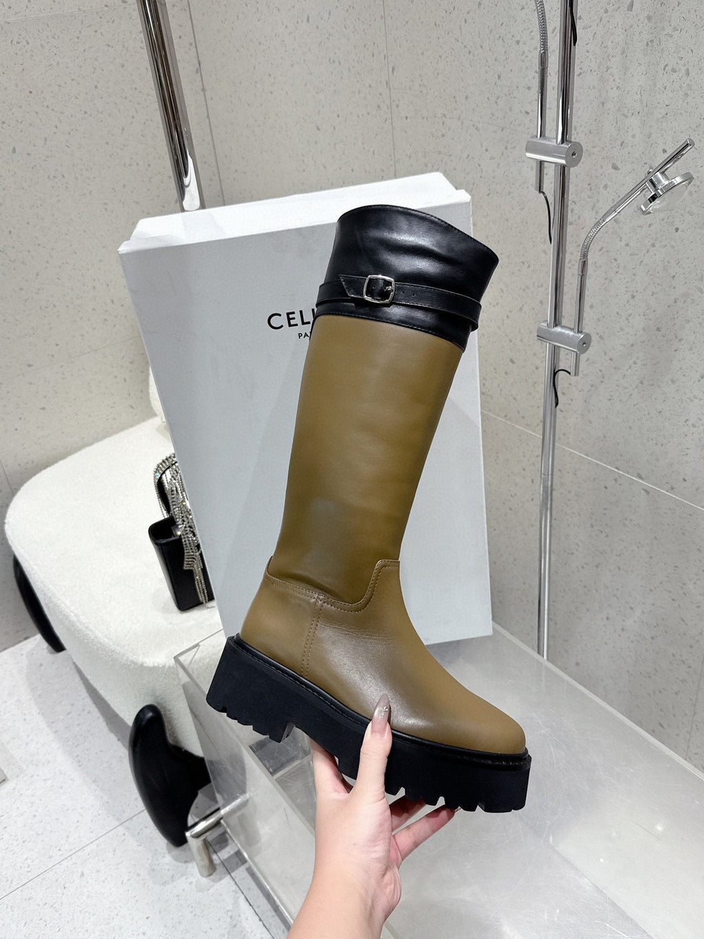 CELINE 26S KNEE-HIGH BOOTS IN OLIVE BROWN AND BLACK CALFSKIN