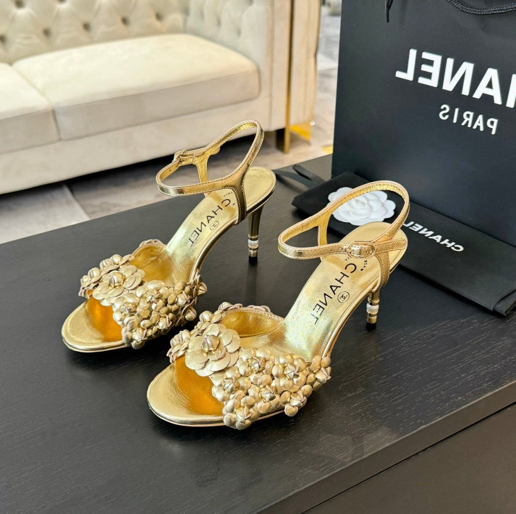 CC Little Camellia World Thin High Sandals Gold Lambskin