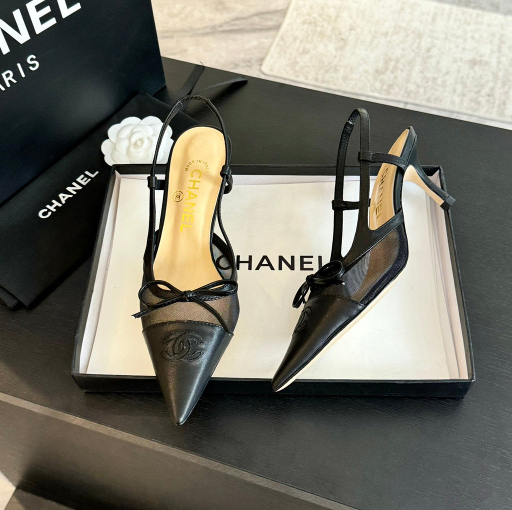 MESH LOGO SLINGBACKS IN BLACK LAMBSKIN