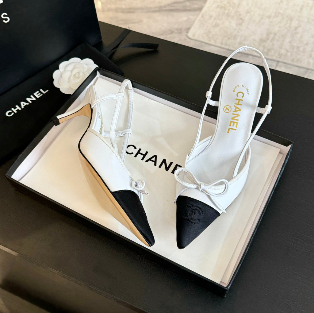 SLINGBACK WITH BOW IN WHITE MIX BLACK LAMBSKIN
