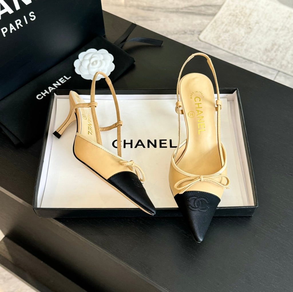 SLINGBACK WITH BOW IN BEIGE CREAM MIX BLACK LAMBSKIN
