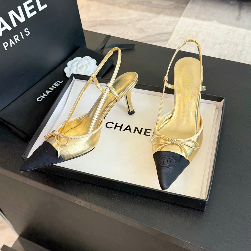 SLINGBACK WITH BOW IN GOLDEN MIX BLACK LAMBSKIN