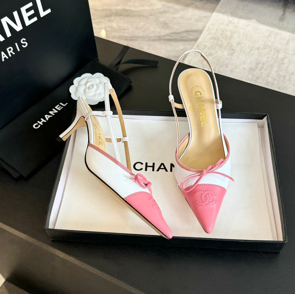 SLINGBACK WITH BOW IN LIGHT PINK MIX WHITE LAMBSKIN