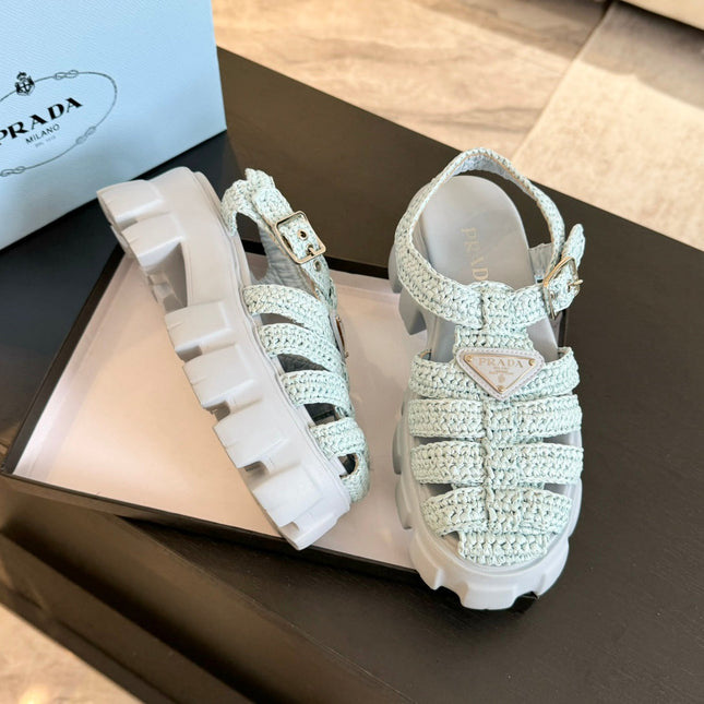 PRA MONOLITH CROCHET CAGE SANDALS PASTEL BLUE LAMBSKIN