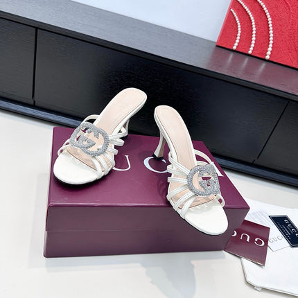 GUCCI 26S HEELED SANDALS 85 MM IN WHITE CALFSKIN WITH CRYSTAL