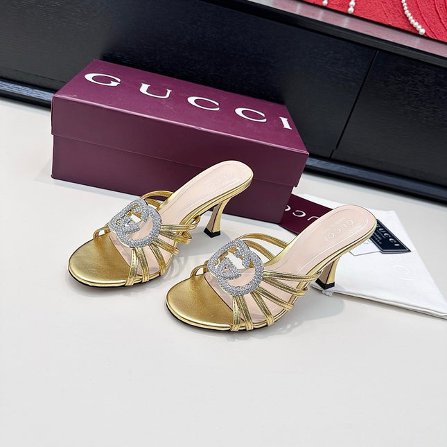 GUCCI 26S HEELED SANDALS 85 MM IN GOLD CALFSKIN WITH CRYSTAL