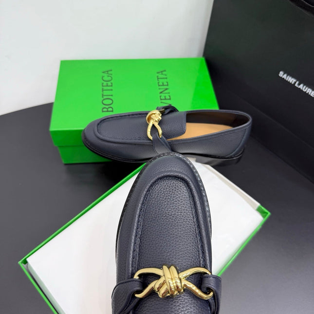 BOTTEGA VENETA 26S LOAFERS IN BLUE GRAY GRAINED CALFSKIN WITH GOLD HARDWARE